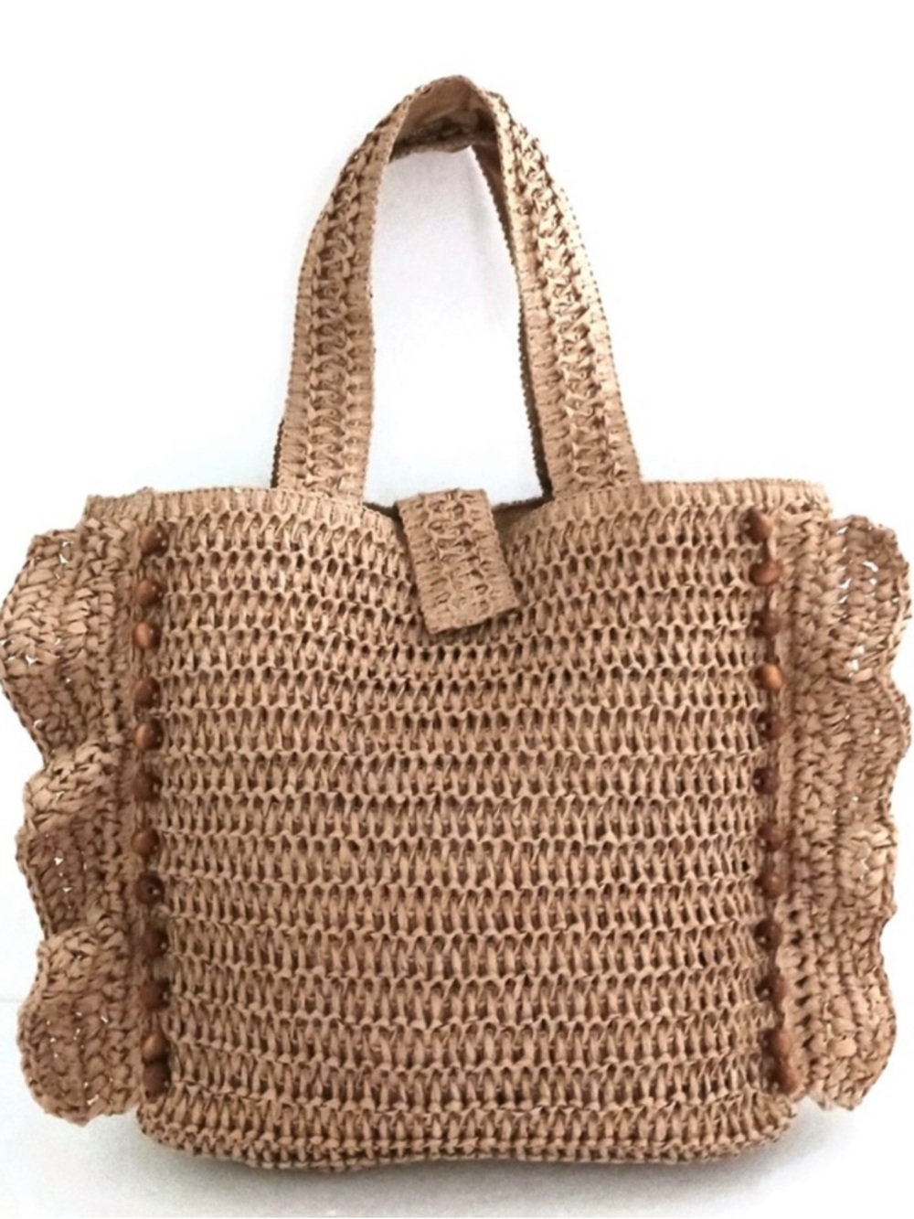NEW Rachel Zoe Paper Straw Tote Ruffle Edge Wood Bead Trim Lined